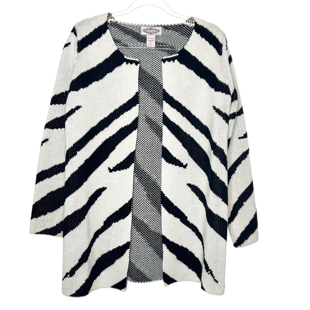 OLIVER BY ESCIO Zebra Stripe Cardigan Sweater Open Front White Black Size Medium